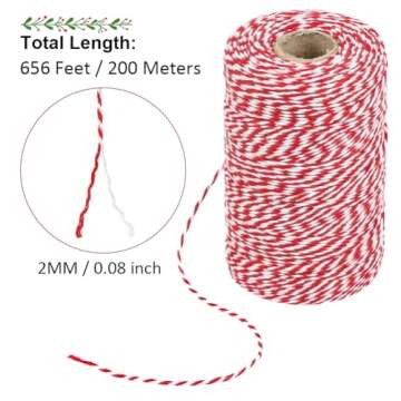 Tenn Well Red and White Twine, 656 Feet 200m Cotton Bakers Twine Ribbon for Baking, Butchers, Crafts, Gift Wrapping, Christmas Holiday Decorations