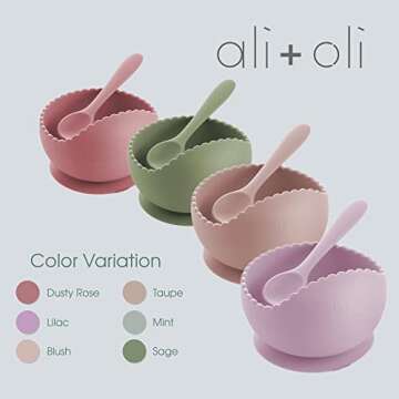 Ali+Oli Silicone Suction Bowl and Spoon Set (Harvest, Original) - Unbreakable Suction Bowls for Baby 6 Months and Up, Self Feeding Baby Utensils, First Stage Baby Feeding Supplies