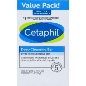 Cetaphil Bar Soap, Deep Cleansing Face and Body Bar, Pack of 3, For Dry to Normal, Sensitive Skin, Soap Free, Hypoallergenic, Paraben Free, Removes Makeup, Dirt and Oil