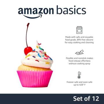 Amazon Basics Reusable Silicone Round Baking Cups, Muffin Liners, Pack of 12, Multicolor, 2.9 X 2.96 X 1.3 Inch