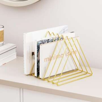 Urban Deco Triangle Desk Organizers Metal Wire Magazine Holder 7 Sections Decorative File Folder Organizer Vinyl Record Storage Office For Desk - Gold Magazine File Holder - Pack of 2