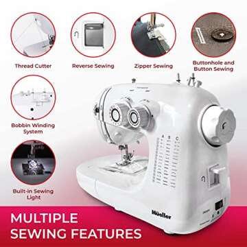 Mueller Ultra Stitch Sewing Machine, 110 Stitch Applications, LED Light, Foot Pedal, Reverse, Buttonhole, Button and Zipper Sewing, Easy to Use, Thread Cutter, Removable Accessories Storage, White