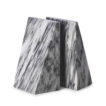 Bey Berk Handcrafted Carrera Marble Bookends, Wedge Design, Set of 2, 6" Tall