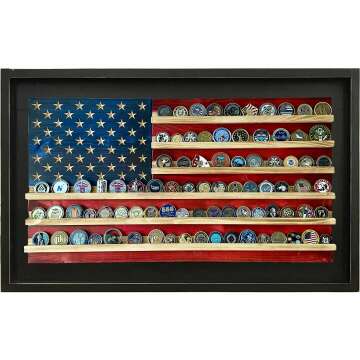 Flags of Valor Challenge Coin Holder Wooden American Flag Wall Decor - Medium Black Framed - 25.13’’ x 41.5” - Made in the USA - Holds 100 Coins. Government Military Challenge Coin Holder Display
