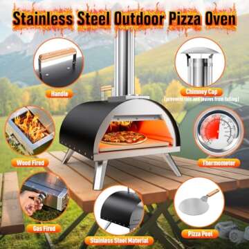 Multi-Fuel Pizza Oven Outdoor, 12" Portable Wood and Gas Fired Pizza Oven with Thermometer,Gas Hose & Pizza Stone,Heats up to 1000°F,Stainless Steel Pizza Oven for Backyard or Camping (Black)