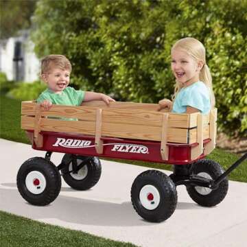 Radio Flyer Full Size All Terrain Classic Steel Pull Along Wagon with Foldable Handle and Wooden Stake Sides for Kids and Cargo, Red