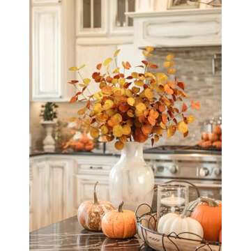 Bessol Fall Decorations Artificial Eucalyptus Stems 5Pcs Fall Eucalyptus Plants Autumn Decorations for Home Table Centerpieces Fake Fall Stems for Farmhouse Kitchen Floral Arrangements Decor