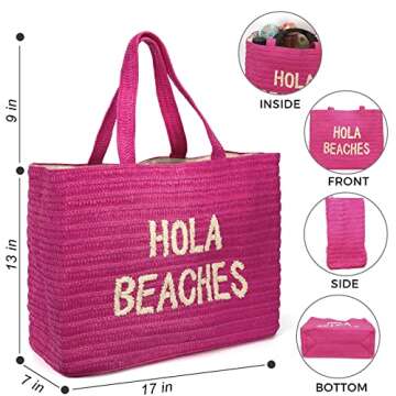 Hola Beaches vacation beach bag. A straw woven beach bag that packs flat. Beach bags for women are beach essentials. Use as a large beach travel tote bag or a pool bag. Beach Bag with Pockets.