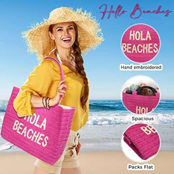 Hola Beaches vacation beach bag. A straw woven beach bag that packs flat. Beach bags for women are beach essentials. Use as a large beach travel tote bag or a pool bag. Beach Bag with Pockets.