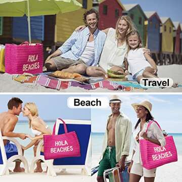 Hola Beaches vacation beach bag. A straw woven beach bag that packs flat. Beach bags for women are beach essentials. Use as a large beach travel tote bag or a pool bag. Beach Bag with Pockets.