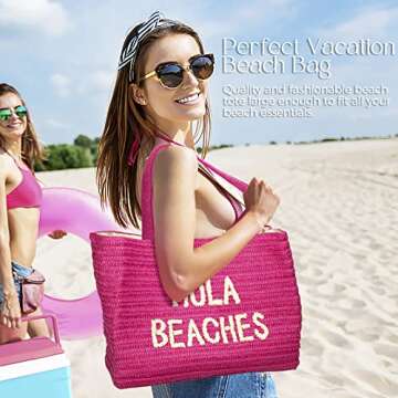 Hola Beaches vacation beach bag. A straw woven beach bag that packs flat. Beach bags for women are beach essentials. Use as a large beach travel tote bag or a pool bag. Beach Bag with Pockets.