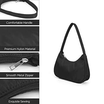 JUN MOHAN Women'S Shoulder Handbags, Small Retro Purses And Handbags, Nylon 90s Minimalist Y2k Purse Bags For Women (Black).