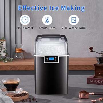 Nugget Ice Maker Countertop, Crushed Chewable Ice Maker Machine with Self-Cleaning, 44Lbs Ice Per Day/Timer, Stainless Steel Ice Maker for Home/Kitchen/Office/Bar/Party, Black