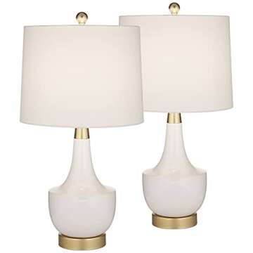 360 Lighting Nesbit 25" High Mid Century Modern Table Lamps Set of 2 USB Port White Gold Ceramic Metal Fabric Shade Living Room Charging Bedroom Bedside Nightstand House Office Home Reading Kitchen