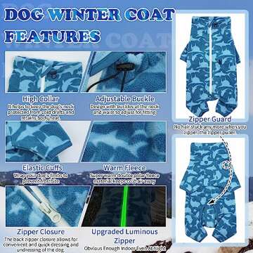 ROZKITCH Dog Winter Coat Soft Fleece Pullover Pajamas, Pet Windproof Warm Cold Weather Jacket Vest with Luminous Zipper, Jumpsuit Apparel Outfit Clothes for Small Medium Large Dog Shark 2XS