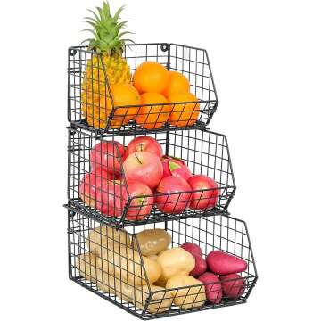 Fruit and Vegetable Basket,3-Tier Wall-mounted & Countertop Tiered Baskets for Potato Onion Storage,Stackable Kitchen Wire Storage Baskets for Fruit Veggies Produce Snack Canned Foods,Black…