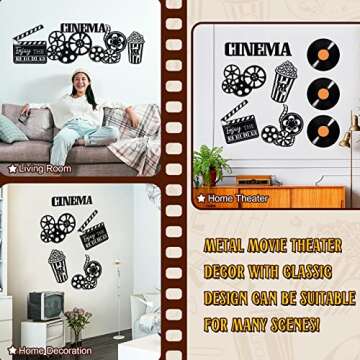 5 Pieces Metal Movie Theater Decor Home Movie Theater Room Decor Cinema and Popcorn Wall Art Metal Movie Reel Wall Sign Theater Action Sign for Movie Theme Party Decorations Home Office Studio Decor