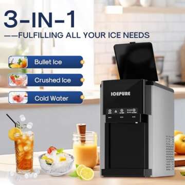 ICEPURE 3-in-1 Water Cooler with Ice Maker, Countertop Bullet and Crushed/Shaved Ice Machine with Cold and Room Temperature Water Dispenser, 42 lbs/Day, for Home/Office, Manual/Auto Add Water