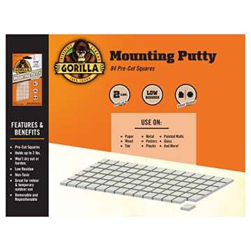 Gorilla Mounting Putty, Non-Toxic Hanging Adhesive, Removeable & Repositionable, 84 Pre-Cut Squares, 3pk - 2oz/56g, Natural Tan Color, (Pack of 3)