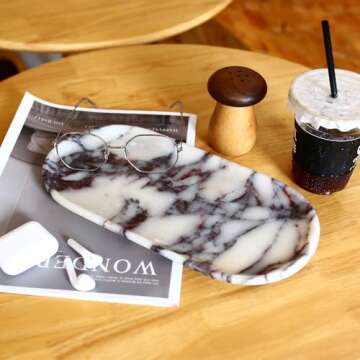 Natural Marble Tray, Coffee Table, Food, Fruit, Paper Cup, Cake Display, Coffee bar, Family Gatherings, Seasonal Holiday Decoration Tray(Viola-oval-11 x5 x0.7)