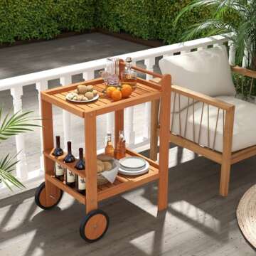 Tangkula Wood Bar Cart, Outdoor Indoor 2 Tier Rolling Serving Cart with Wine Bottle Holders and 2 Rubber Wheels, Bar Table Beverage Drink Cart for Kitchen, Patio, Garden and Poolside, Natural