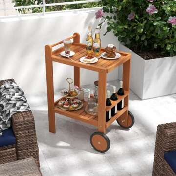 Tangkula Wood Bar Cart, Outdoor Indoor 2 Tier Rolling Serving Cart with Wine Bottle Holders and 2 Rubber Wheels, Bar Table Beverage Drink Cart for Kitchen, Patio, Garden and Poolside, Natural