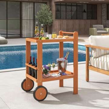 Tangkula Wood Bar Cart, Outdoor Indoor 2 Tier Rolling Serving Cart with Wine Bottle Holders and 2 Rubber Wheels, Bar Table Beverage Drink Cart for Kitchen, Patio, Garden and Poolside, Natural