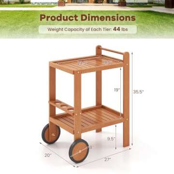 Tangkula Wood Bar Cart, Outdoor Indoor 2 Tier Rolling Serving Cart with Wine Bottle Holders and 2 Rubber Wheels, Bar Table Beverage Drink Cart for Kitchen, Patio, Garden and Poolside, Natural