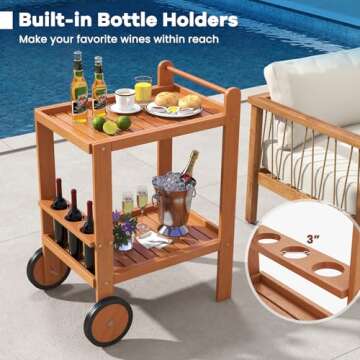 Tangkula Wood Bar Cart, Outdoor Indoor 2 Tier Rolling Serving Cart with Wine Bottle Holders and 2 Rubber Wheels, Bar Table Beverage Drink Cart for Kitchen, Patio, Garden and Poolside, Natural