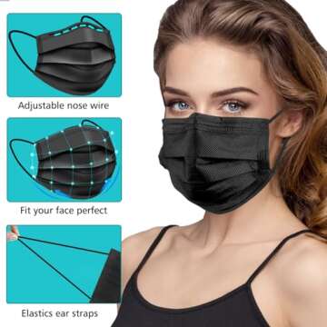 100 PCS Black Disposable Face Masks, 3 Ply Protection Black Face Masks