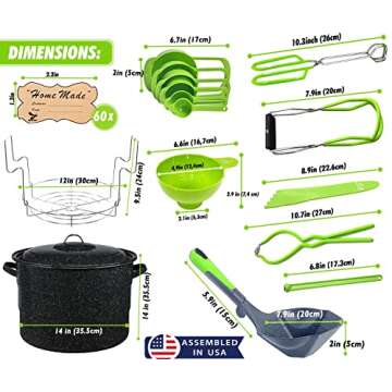 Canning Pot with Rack and full Set + ½ Pint ladle Measuring Cups - Supplies Kit for Beginner, Food Grade Stainless Steel Accessories Starter