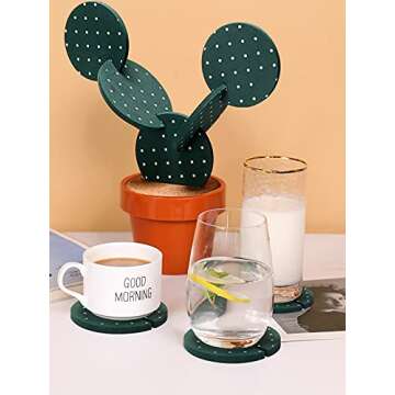 Coasters Cactus Set of 6 DIY Funny Coasters for Drinks with Flowerpot Holder,Novelty Coasters Cactus Gifts for Bar Home Decor (Green with Point) Coffee Table