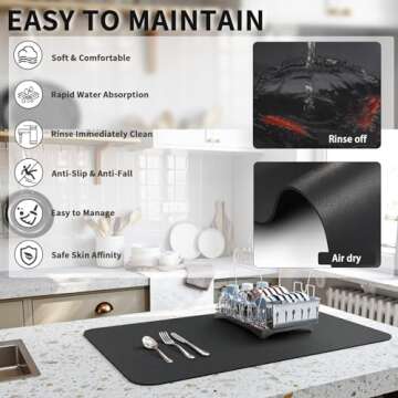 HotLive Dish Drying Mat for Kitchen Counter, Heat Resistant Drainer Mats with Non-slip Rubber Backed, Hide Stain Kitchen Super Absorbent Draining Mat, Easy to Clean Dish Rack Pad, Black 16"x18"