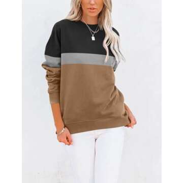 TICTICMIMI Women's Casual Long Sleeve Color Block/Solid Tops Crewneck Sweatshirts Cute Loose Fit Pullover with Pockets