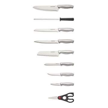 Farberware 15-Piece Stamped Stainless Steel Knife Block Set, High-Carbon Stainless Steel Kitchen Knife Set with Ergonomic Handles, Razor-Sharp Knives with Wood Block, 15-Piece Set, Acacia