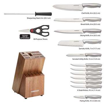 Farberware 15-Piece Stamped Stainless Steel Knife Block Set, High-Carbon Stainless Steel Kitchen Knife Set with Ergonomic Handles, Razor-Sharp Knives with Wood Block, 15-Piece Set, Acacia