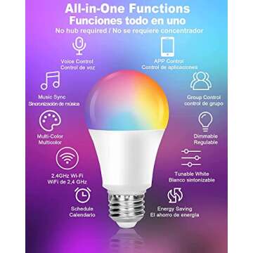 Smart Light Bulbs,Color Changing Light Bulbs That Work with Alexa and Google Assistant,2.4GHz WiFi & Bluetooth Music Sync Multicolor LED Bulbs,7W(60W Eqv.) E26 A19 for Smart Home Lighting-4PACK