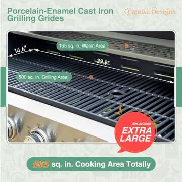 Captiva Designs 6-Burner Propane Gas BBQ Grill with Side Burner & Porcelain-Enameled Cast Iron Grate for Outdoor Kitchen & Backyard Barbecue, 65,800 BTU Output,665 SQ.IN. Cooking Area,Stainless Steel