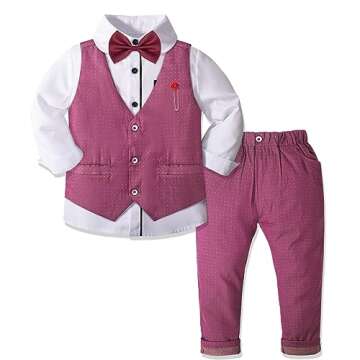 Nwada Boys Suit Set Formal Dress Shirt with Bow Tie, Slim Vest and Pants Toddler Boy Clothes Suits Red