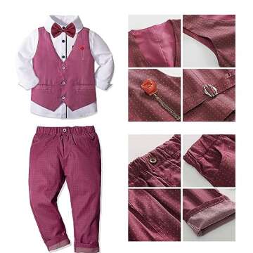 Nwada Boys Suit Set Formal Dress Shirt with Bow Tie, Slim Vest and Pants Toddler Boy Clothes Suits Red