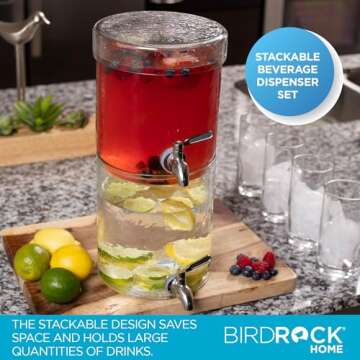 BIRDROCK HOME Stacking Beverage Dispenser with Stainless Steel Spigot and Lid | Hammered Glass Drink Jar for Iced Beverages, Water, Lemonade, Sangria, Tea | Ideal Party Pitcher Container - 2 Gallon