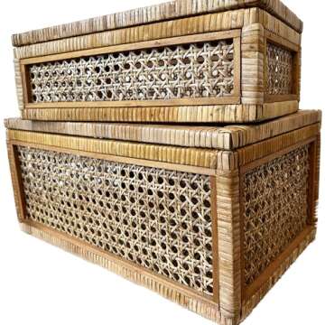 Rustic Rattan Woven Decorative Storage Boxes with Lids- Set of 2 | Stylish and Versatile Organizers for Home Décor and Clutter-Free Living