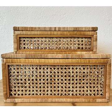 Rustic Rattan Woven Decorative Storage Boxes with Lids- Set of 2 | Stylish and Versatile Organizers for Home Décor and Clutter-Free Living