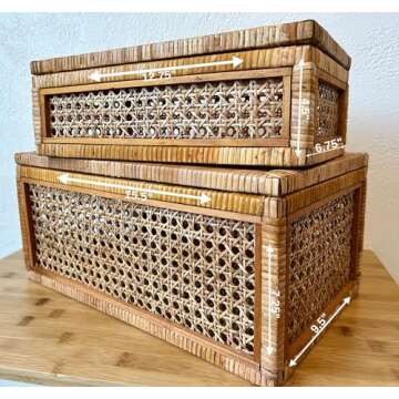 Rustic Rattan Woven Decorative Storage Boxes with Lids- Set of 2 | Stylish and Versatile Organizers for Home Décor and Clutter-Free Living