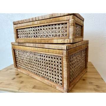 Rustic Rattan Woven Decorative Storage Boxes with Lids- Set of 2 | Stylish and Versatile Organizers for Home Décor and Clutter-Free Living