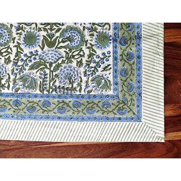 ATOSII Clover Blue 100% Cotton Rectangle Fall Tablecloth, Handblock Floral Linen Table Cloth for Kitchen Dining Table I Parties Wedding Christmas Thanksgiving I Fall Home Decor 60 X 90 Inches