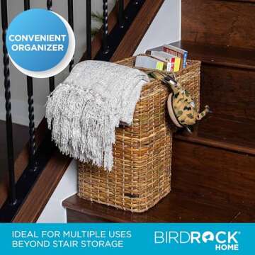 BIRDROCK HOME Stair Basket for Staircases – Wicker Woven Storage Bin with Cut Out Handles – Natural Brown Organizer Basket for Reducing Clutter – Large Rectangular Design – Versatile for Home