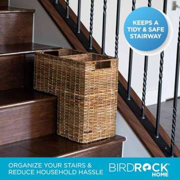 BIRDROCK HOME Stair Basket for Staircases – Wicker Woven Storage Bin with Cut Out Handles – Natural Brown Organizer Basket for Reducing Clutter – Large Rectangular Design – Versatile for Home