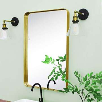 TEHOME 24x36 Brushed Gold Metal Framed Bathroom Mirror for Wall in Stainless Steel Rounded Rectangular Bathroom Vanity Mirrors Wall Mounted