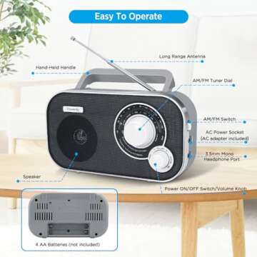 DreamSky AM FM Portable Radio Plug In Wall or Battery Operated for Home & Outdoor, Strong Reception & Sound, Large Dial Easy to Use, Transistor Antenna, Headphone Jack, Small Gifts for Seniors Elderly